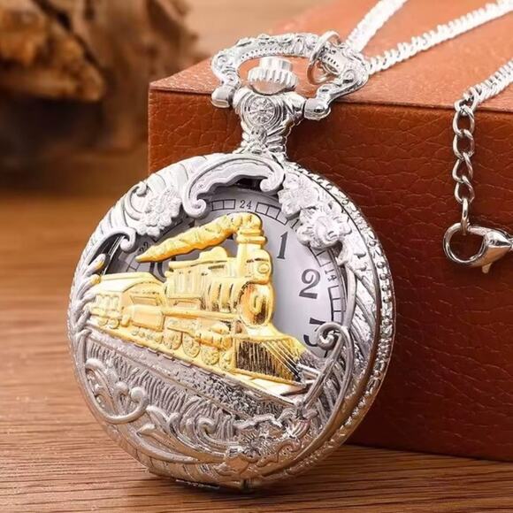 Silver Gold Train Pocket Watch Steampunk Western Cowboy Birthday Christmas Gift